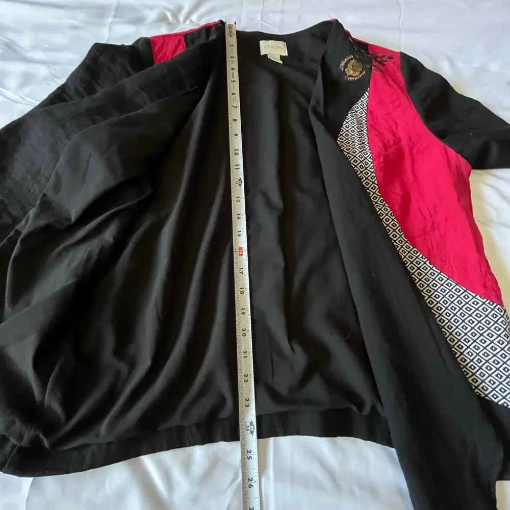 Chico's Size 2 Black Open Front Sequin Embroidered Jacket Cardigan Floral